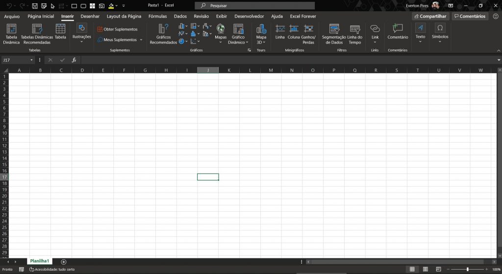 Tela Excel com o fundo preto