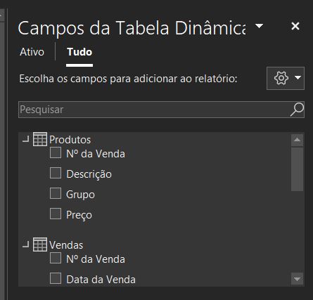 Tela campos da tabela dinâmica - tabelas dinâmicas com duas bases