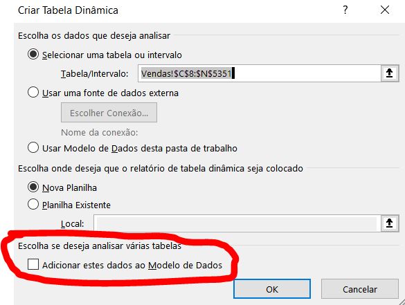 Tela criar tabela dinâmica - tabelas dinâmicas com duas bases