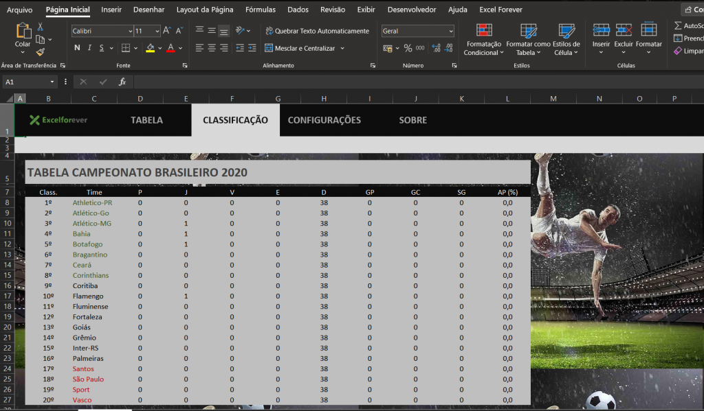 Tela planilha campeonato brasileiro 2020