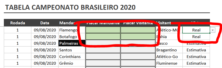 Tela jogos planilha brasileirão 2020