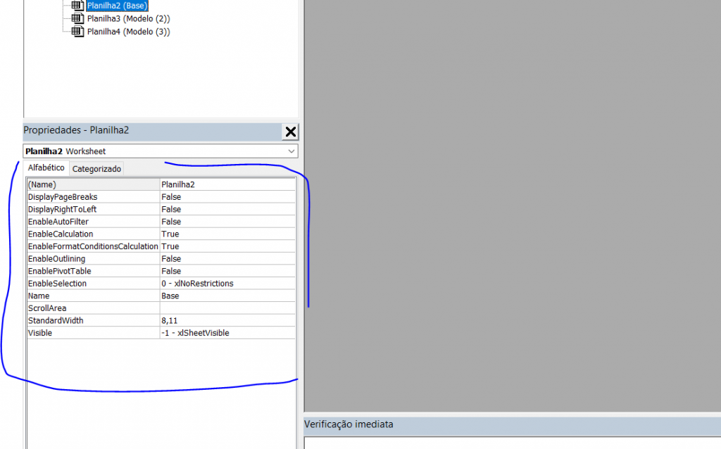 Tela propriedades VBA