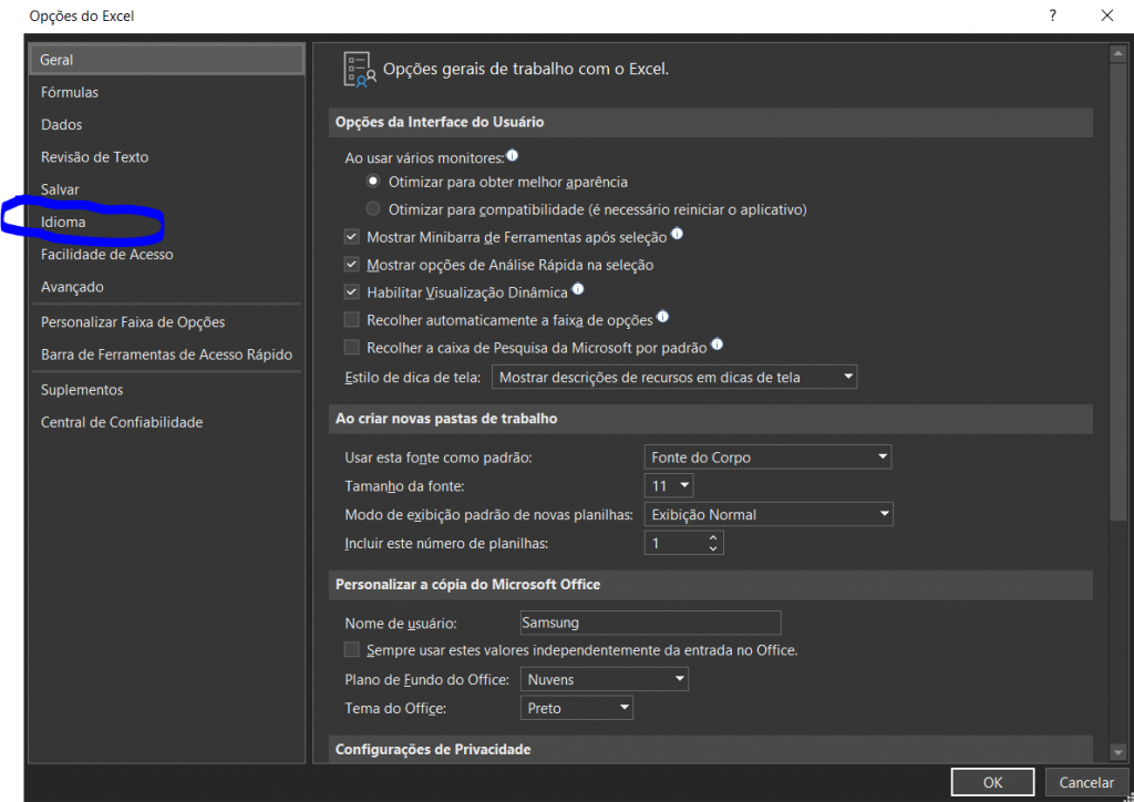 Configurações de Idiomas - COMO MUDAR O IDIOMA DO EXCEL