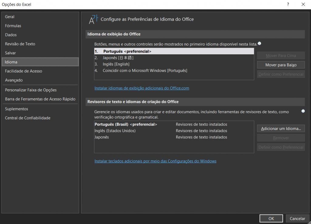 Idiomas de Exibição - COMO MUDAR O IDIOMA DO EXCEL