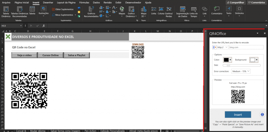 Barra lateral QR Code - COMO CRIAR CARTÃO QR CODE NO EXCEL
