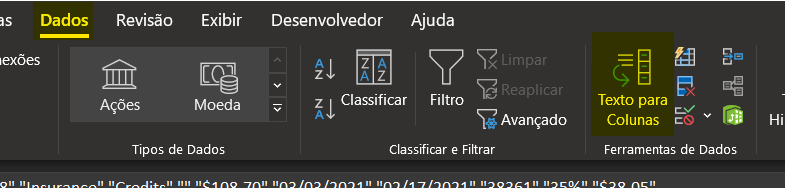 Comando texto para colunas - ESTRUTURAR ARQUIVO CSV COM TEXTO PARA COLUNAS