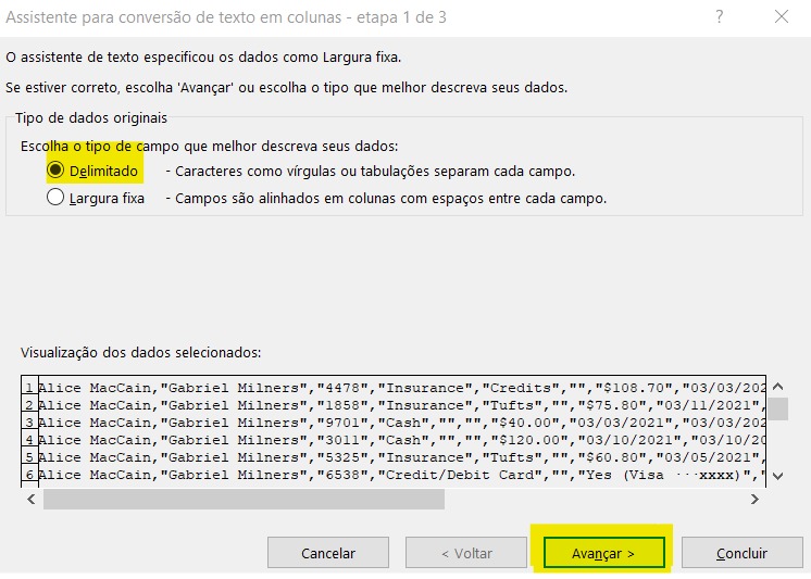 Assistente de conversão de colunas - ESTRUTURAR ARQUIVO CSV COM TEXTO PARA COLUNAS