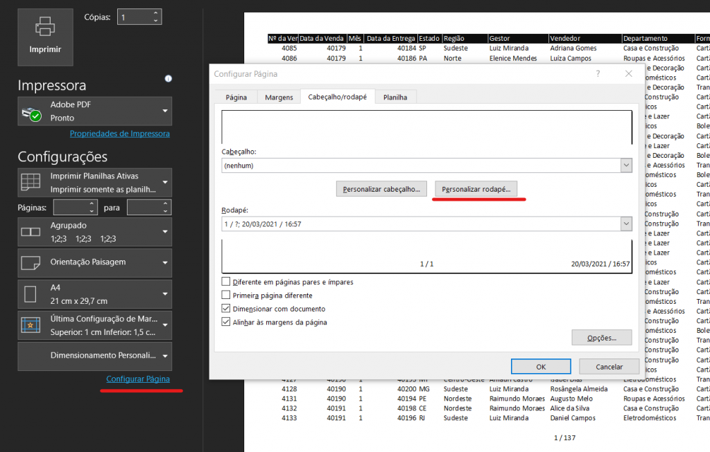 Aplicando página de páginas no excel