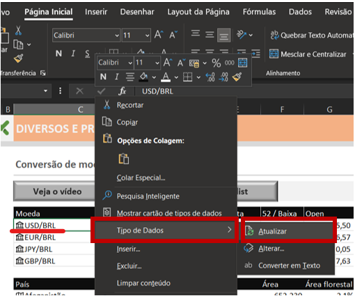 Atualizar tipos de dados no Excel