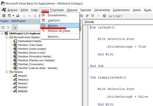 Inserir módulo - EFEITO TACHADO NO EXCEL COM VBA (STRIKETHROUGH)