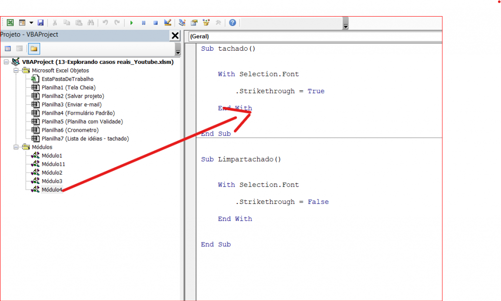 Código VBA do efeito tachado no Excel