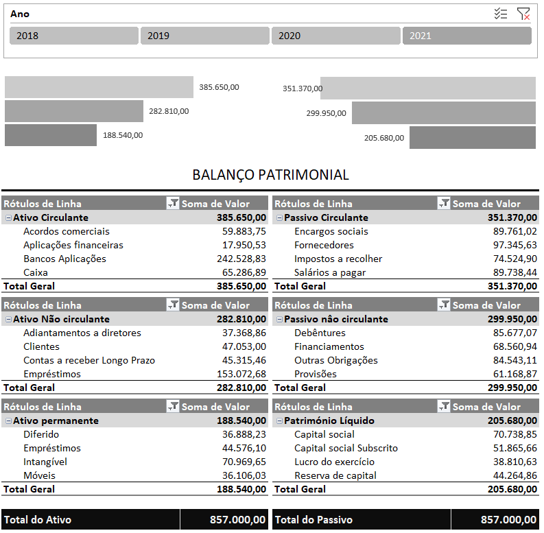Balanço patrimonial com segmentação de dados no Excel