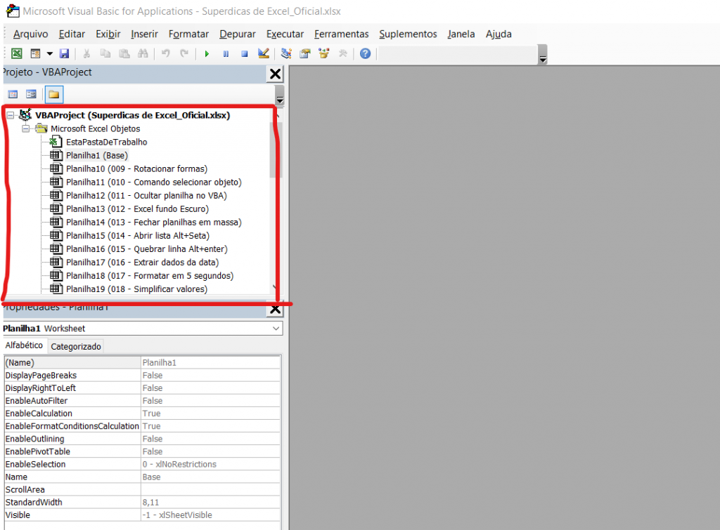 Planilhas na caixa do projeto no VBA