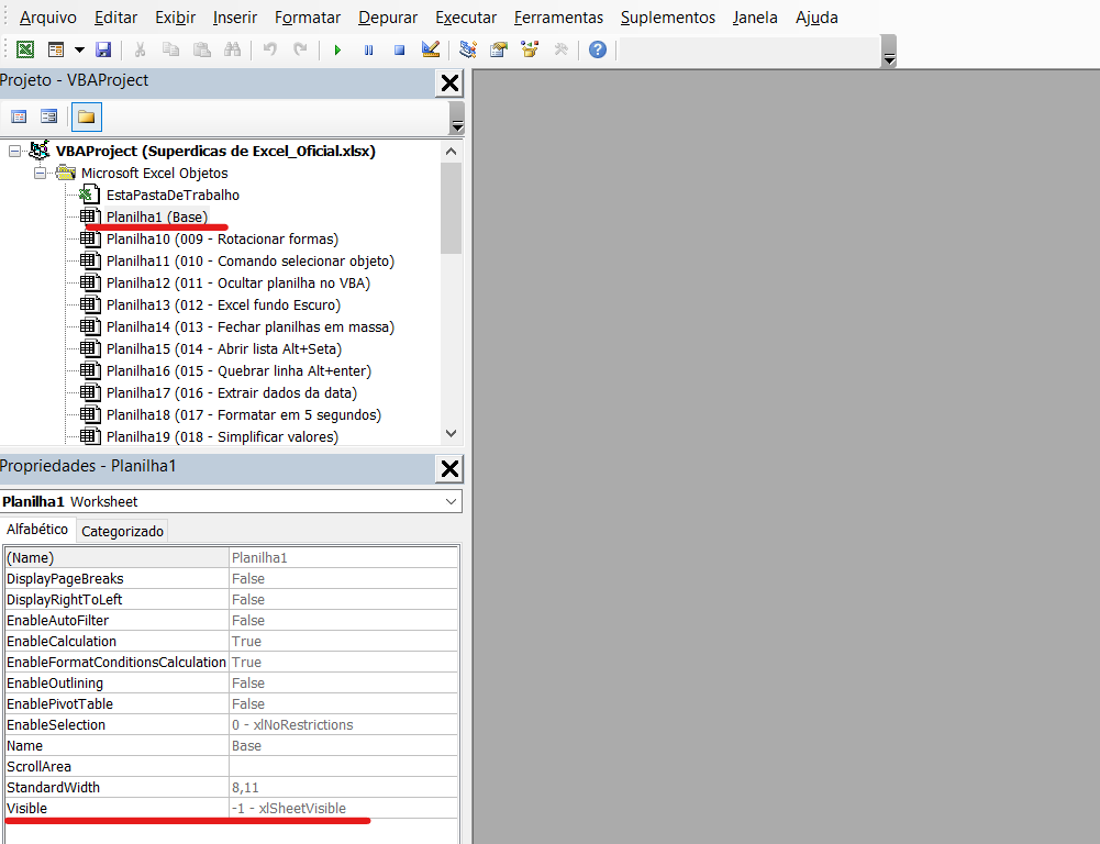 Tela de propriedades no VBA