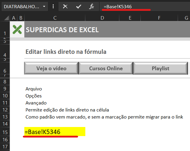 Exemplo edição de link - PERMITIR EDIÇÃO DIRETO NA CÉLULA