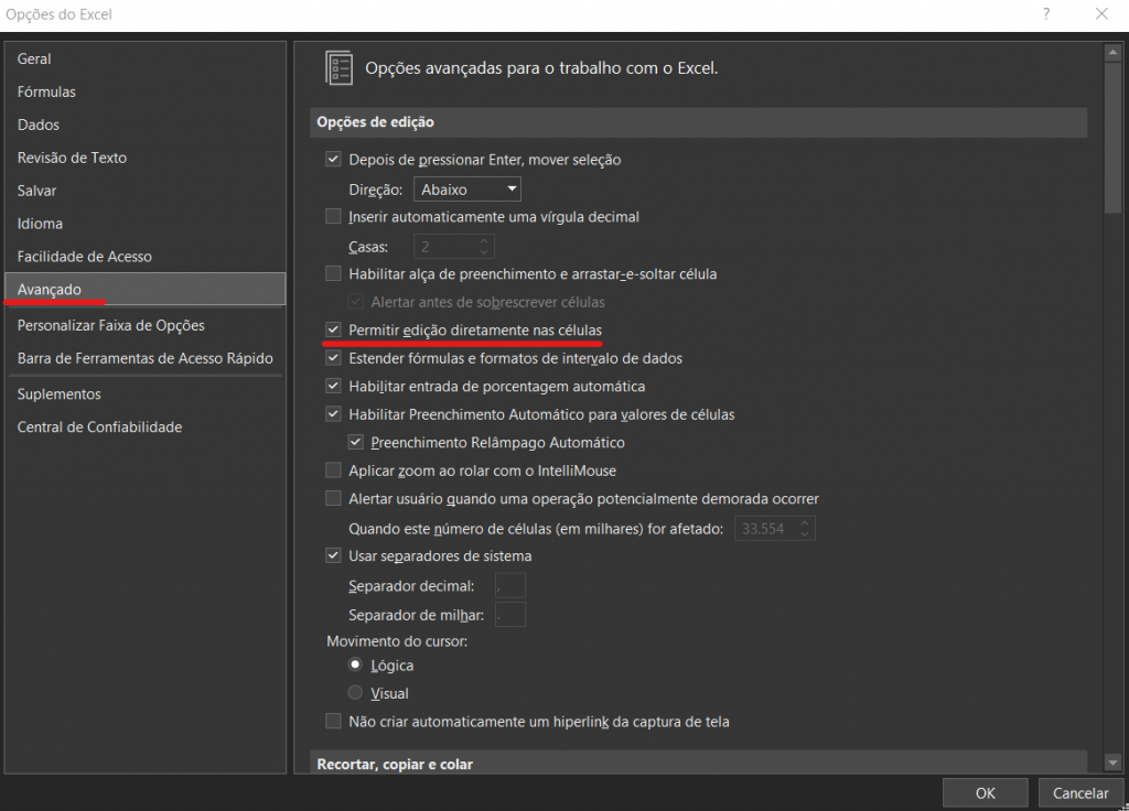 Caixa opções no excel - PERMITIR EDIÇÃO DIRETO NA CÉLULA