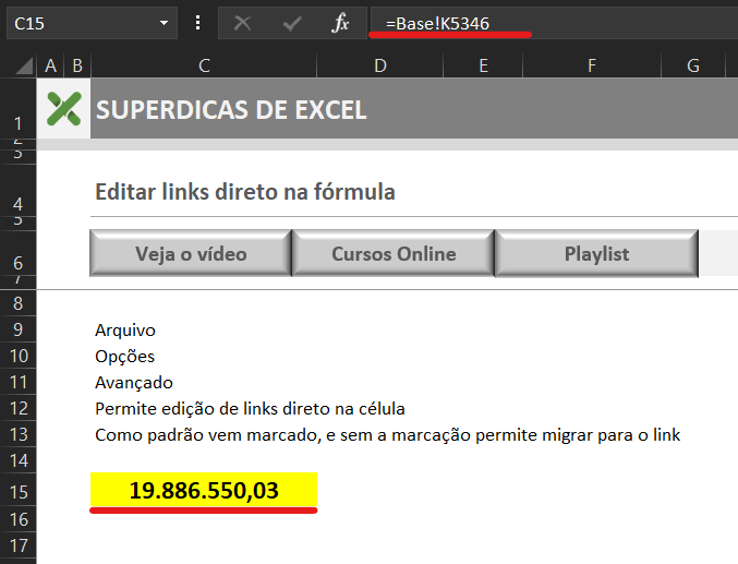 Opção desmarcar link direto na célula - PERMITIR EDIÇÃO DIRETO NA CÉLULA