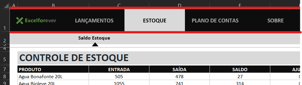 Botões interativos - PLANILHA CONTROLE DE ESTOQUE COM INDICADORES