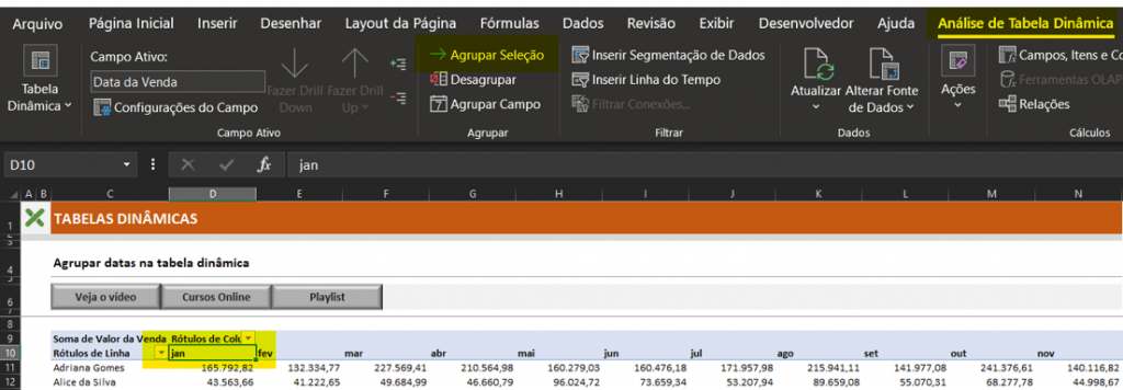 Posicionar cursos em campo de datas - COMO AGRUPAR DATAS NA TABELA DINÂMICA