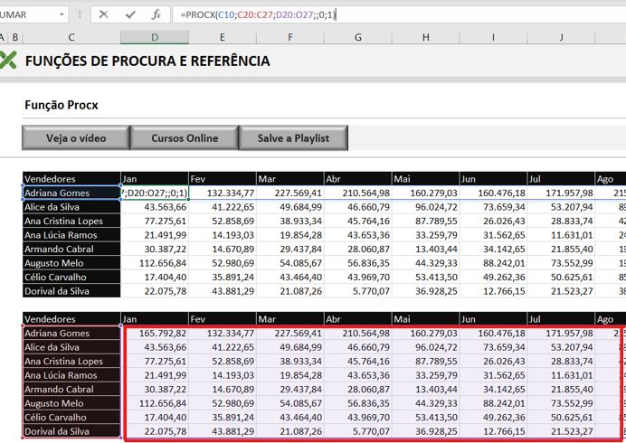 Matriz retorno - FUNÇÃO PROCX DO MICROSOFT EXCEL