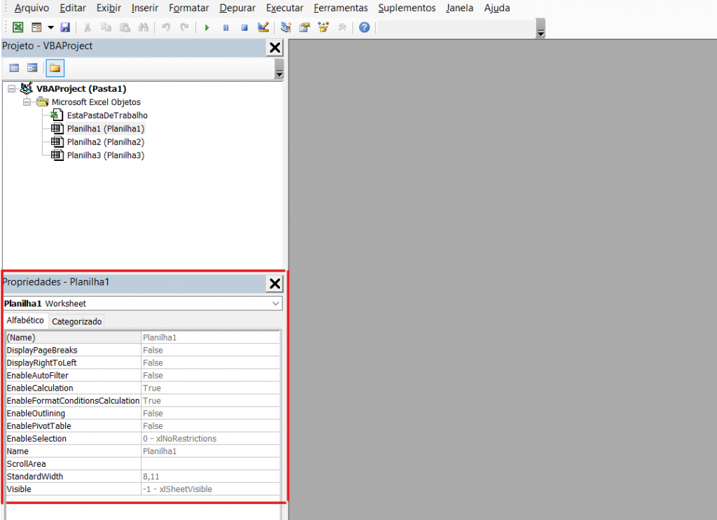 Propriedades do VBE - OCULTAR GUIAS NO MICROSOFT EXCEL