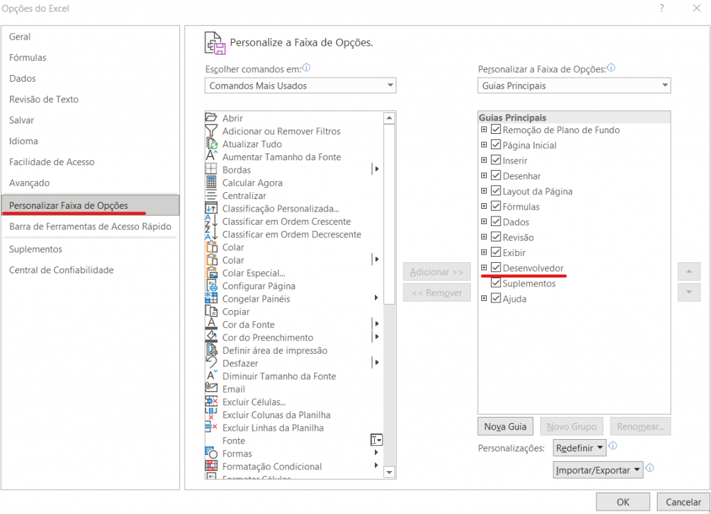 Habilitar guia desenvolvedor - CAIXA DE COMBINAÇÃO NO EXCEL