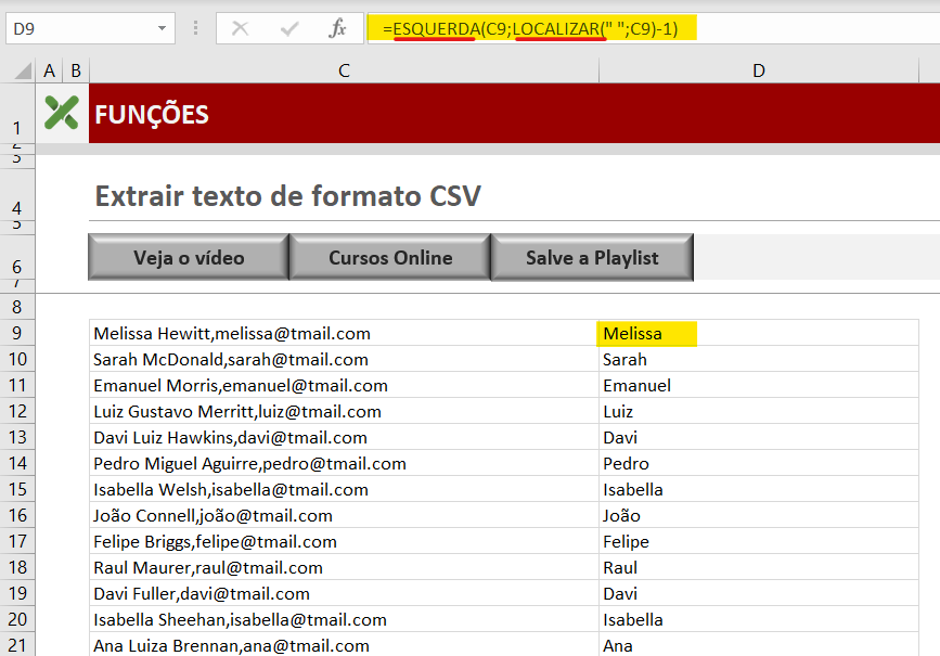 Extrair o primeiro nome - EXTRAIR PALAVRAS NO FORMATO CSV