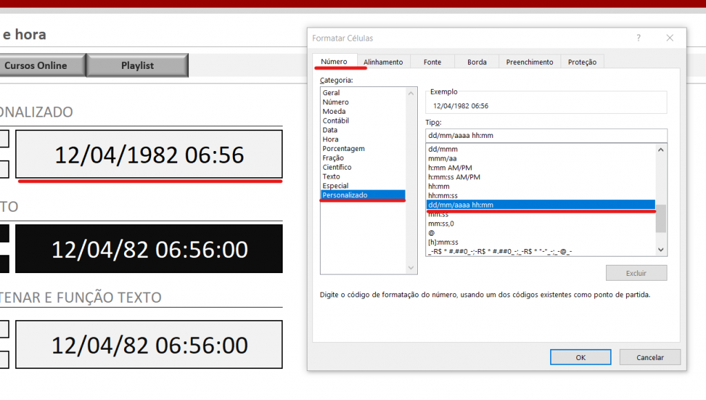 Caixa formatar células - COMO CONCATENAR DATA E HORA NO EXCEL