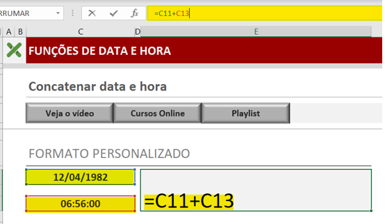 Somar data e hora - COMO CONCATENAR DATA E HORA NO EXCEL