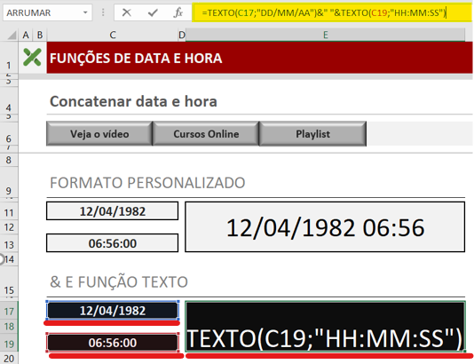 Somar data e hora com função texto