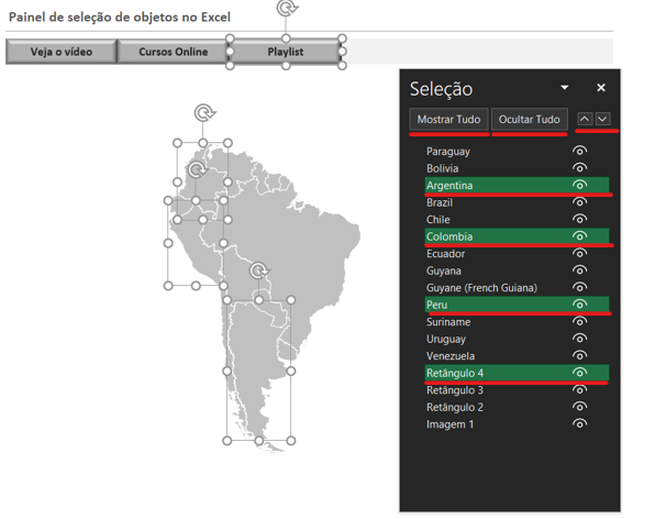 Opções do painel de seleção de objetos