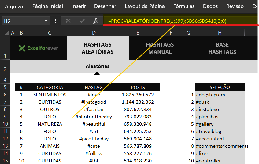 Seleção 30 hashtags -PLANILHA HASHTAGS ALEATÓRIAS NO EXCEL