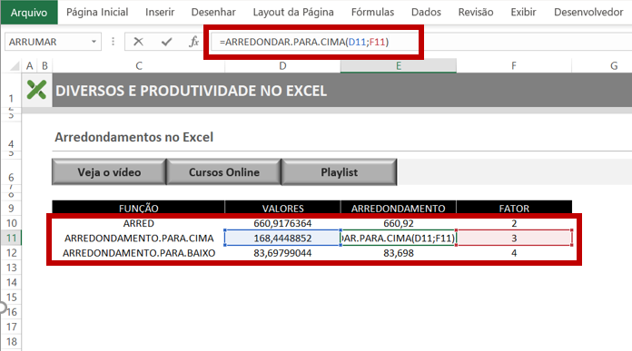 Função arredondamento para cima - COMO FAZER ARREDONDAMENTOS NO EXCEL