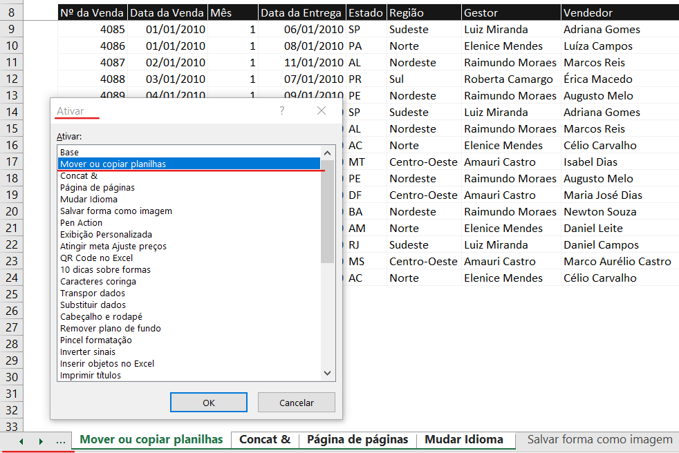 Caixa ativar - MOVER OU COPIAR PLANILHAS NO EXCEL