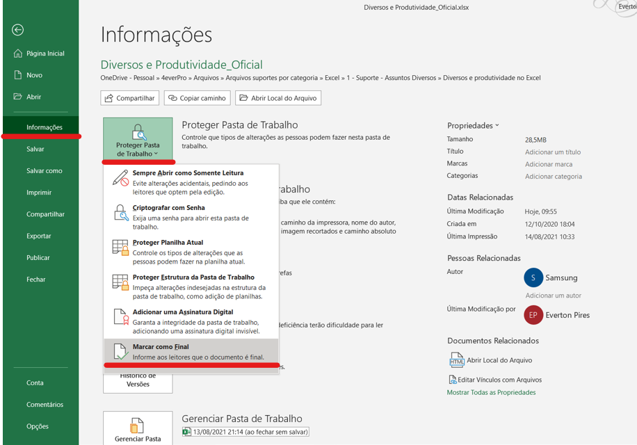 Aplicar versão final - MARCAR COMO VERSÃO FINAL NO EXCEL