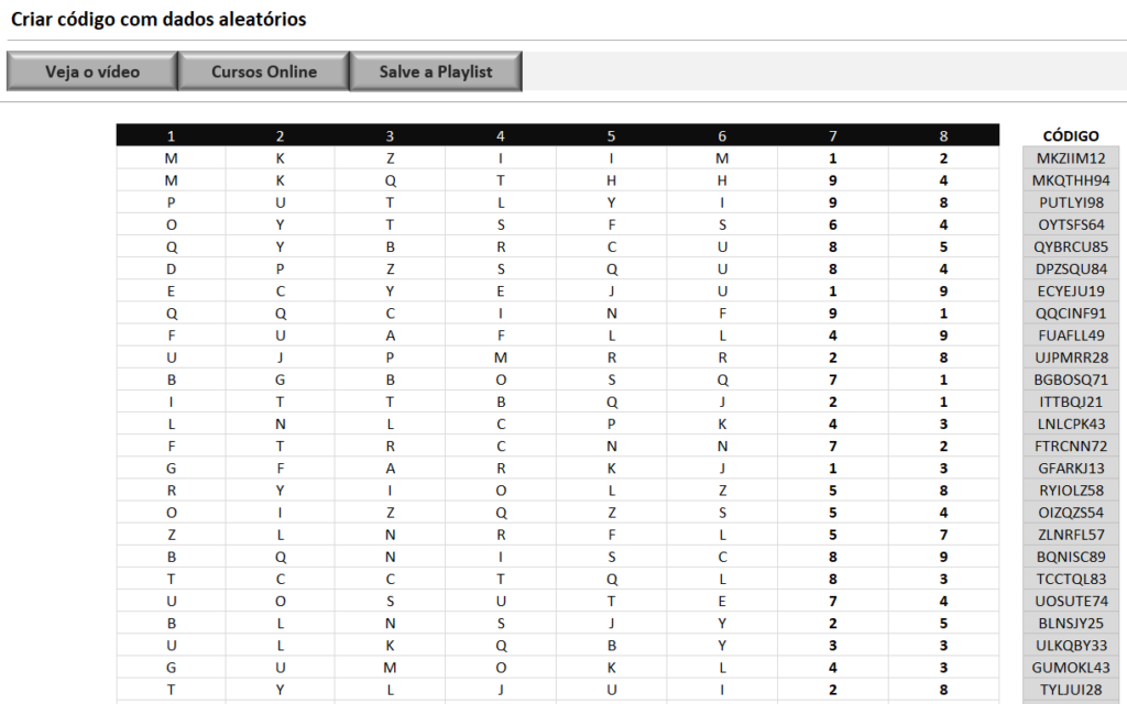 CÓDIGO COM LETRAS E NÚMEROS NO EXCEL