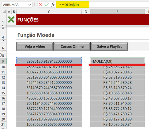 Aplicando a função - FUNÇÃO MOEDA NO MICROSOFT EXCEL