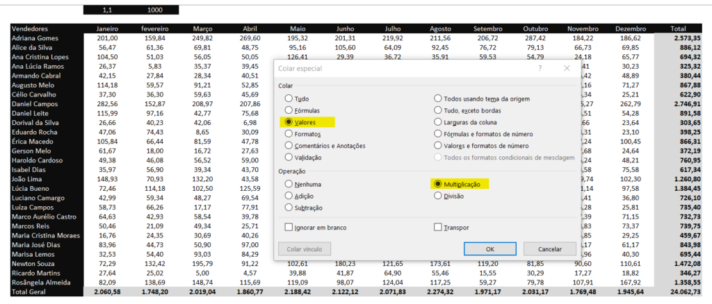 Opção valores para preservar formatações condicionais