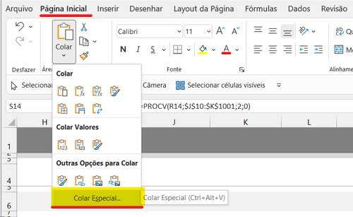 Acessar caixa colar especial - COMO MATAR FÓRMULA NO EXCEL