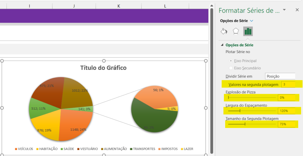 Configuração da segunda pizza - GRÁFICO PIZZA DE PIZZA NO EXCEL