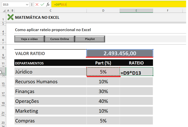 Fórmula do rateio - RATEIO PROPORCIONAL POR DEPARTAMENTO NO EXCEL