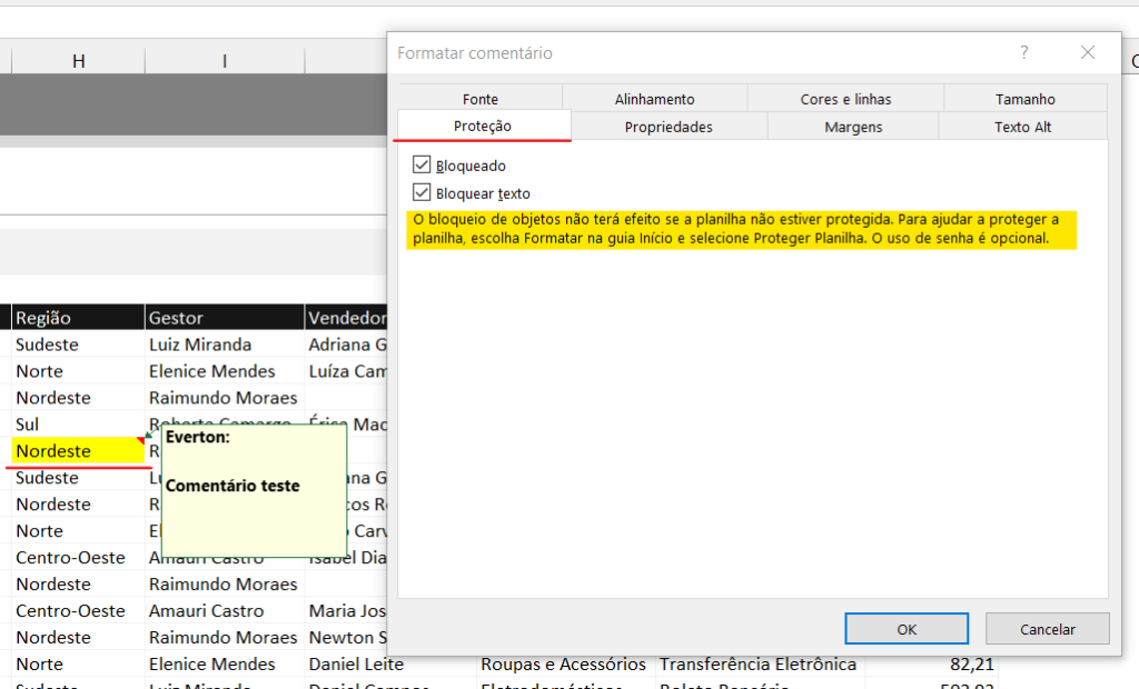 Proteção caixa formatar comentário - BLOQUEAR EXCLUSÃO DE COMENTÁRIO NO EXCEL