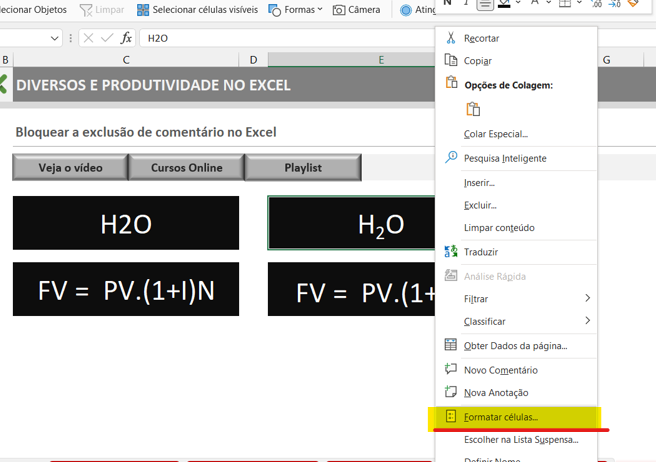 Aplicando efeitos no Excel - EFEITOS SUBSCRITO E SOBRESCRITO NO EXCEL