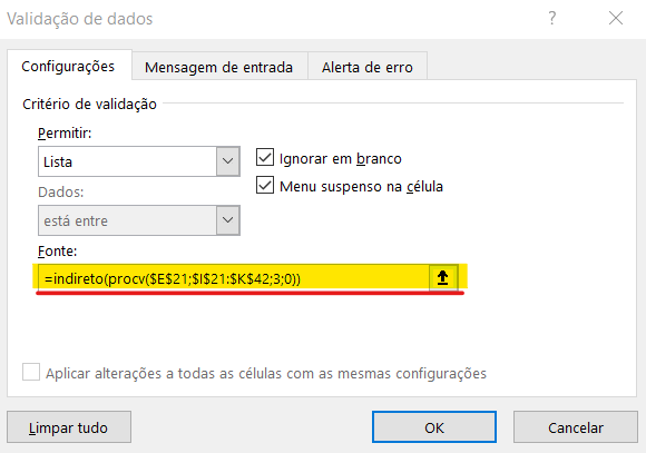 Fórmula na validação de dados