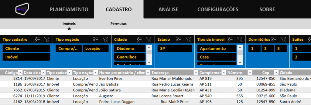 Cadastro - PLANILHA ADMINISTRAÇÃO DE IMÓVEIS PRO