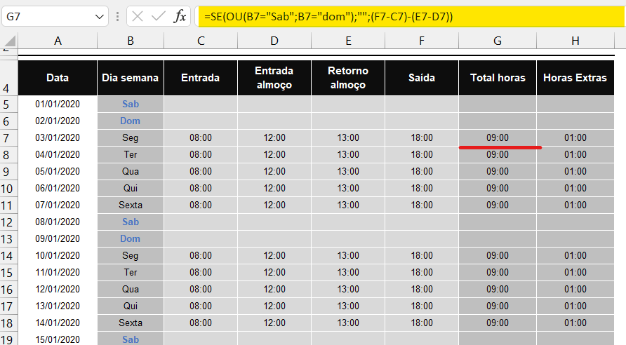 Total de horas - PLANILHA FOLHA DE PONTO NO EXCEL