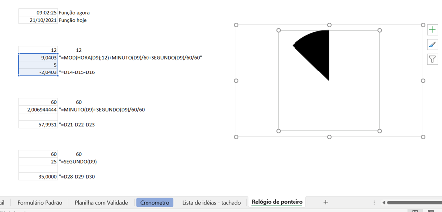 Construção dos ponteiros - COMO CRIAR UM RELÓGIO DE PONTEIRO NO EXCEL