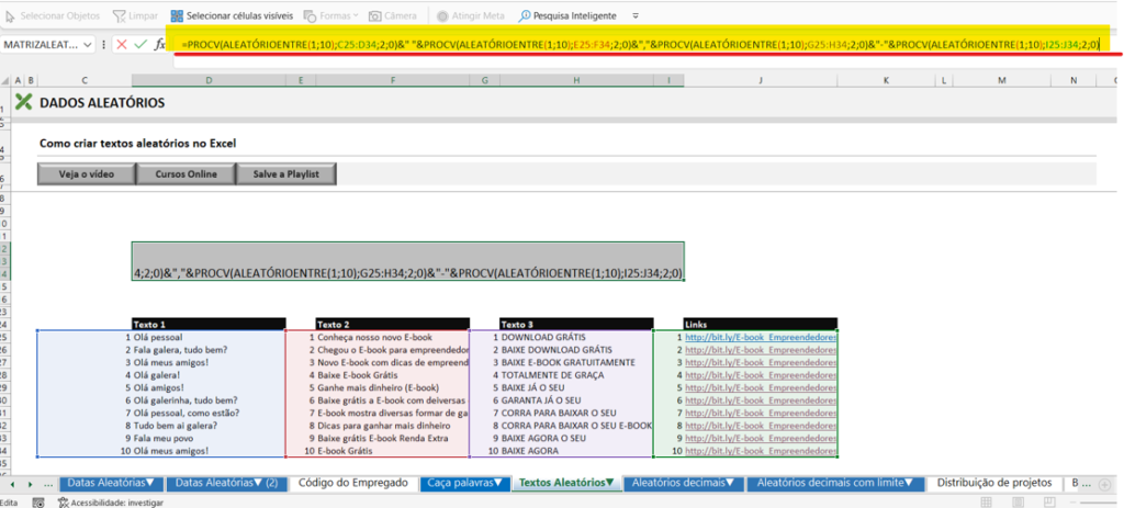 Fórmulas aninhadas - TEXTOS ALEATÓRIOS NO EXCEL