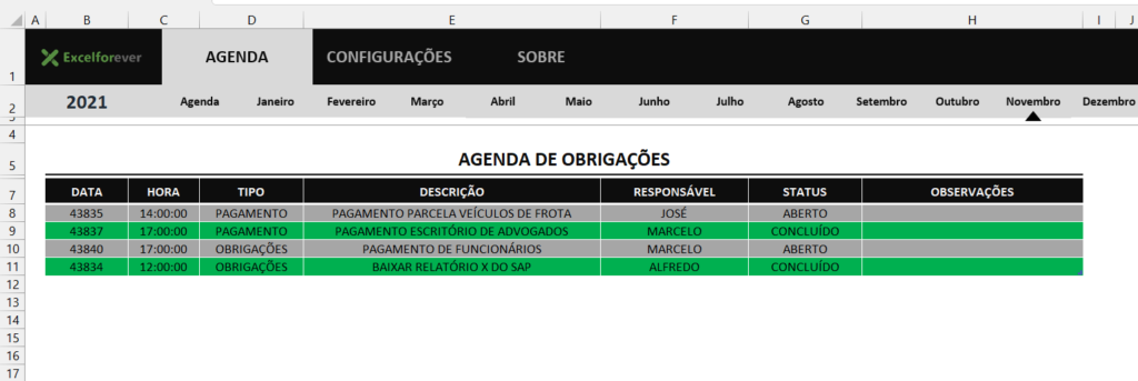 registro de obrigações mensais - PLANILHA AGENDA DE OBRIGAÇÕES