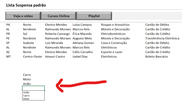 Grupos de dados diversos - LISTA SUSPENSA PADRÃO NO EXCEL